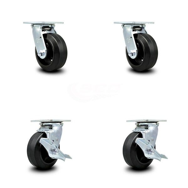 6 Inch Rubber on Steel Swivel Caster Set with Ball Bearing 2 Brake SCC